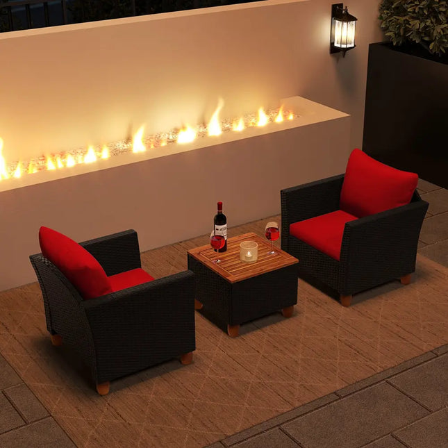 3 Pieces Outdoor Patio Rattan Furniture Set-Red - Red - Patio Conversation Sets