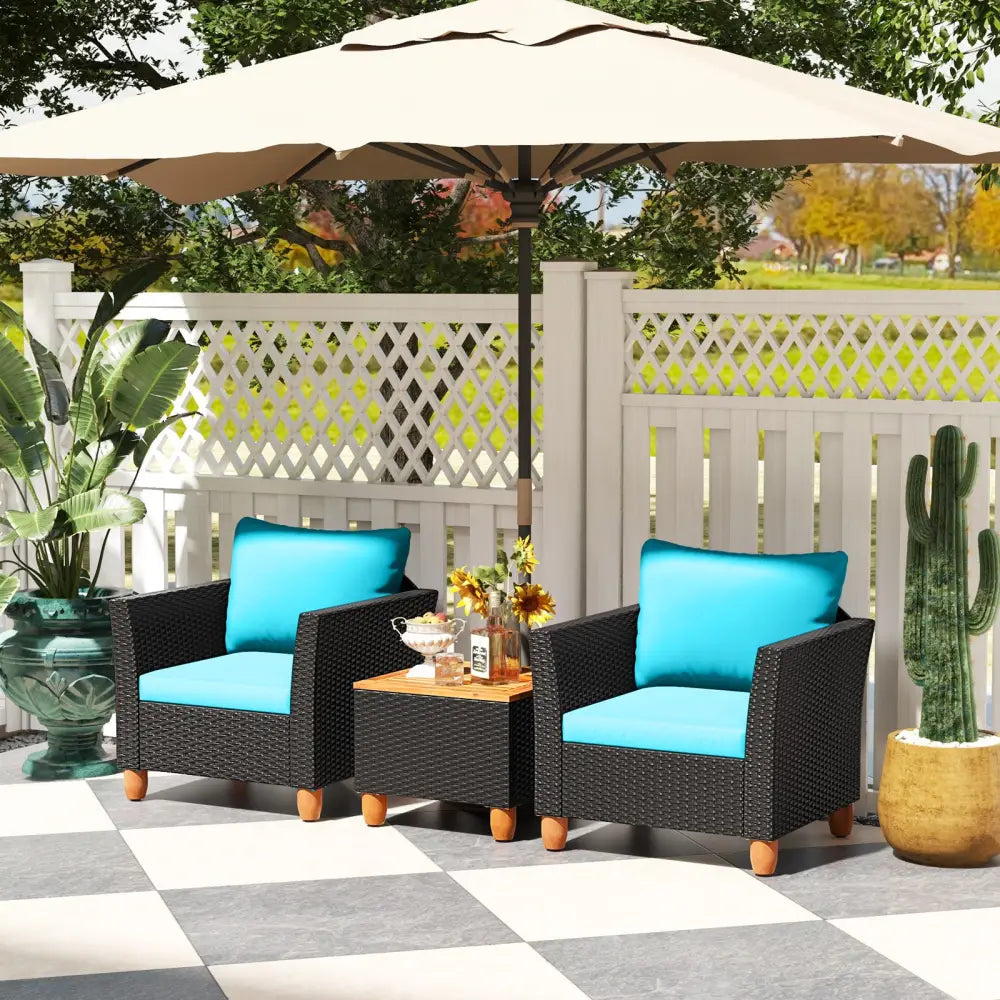 3 Pieces Outdoor Patio Rattan Furniture Set-Turquoise - Turquoise - Patio Conversation Sets