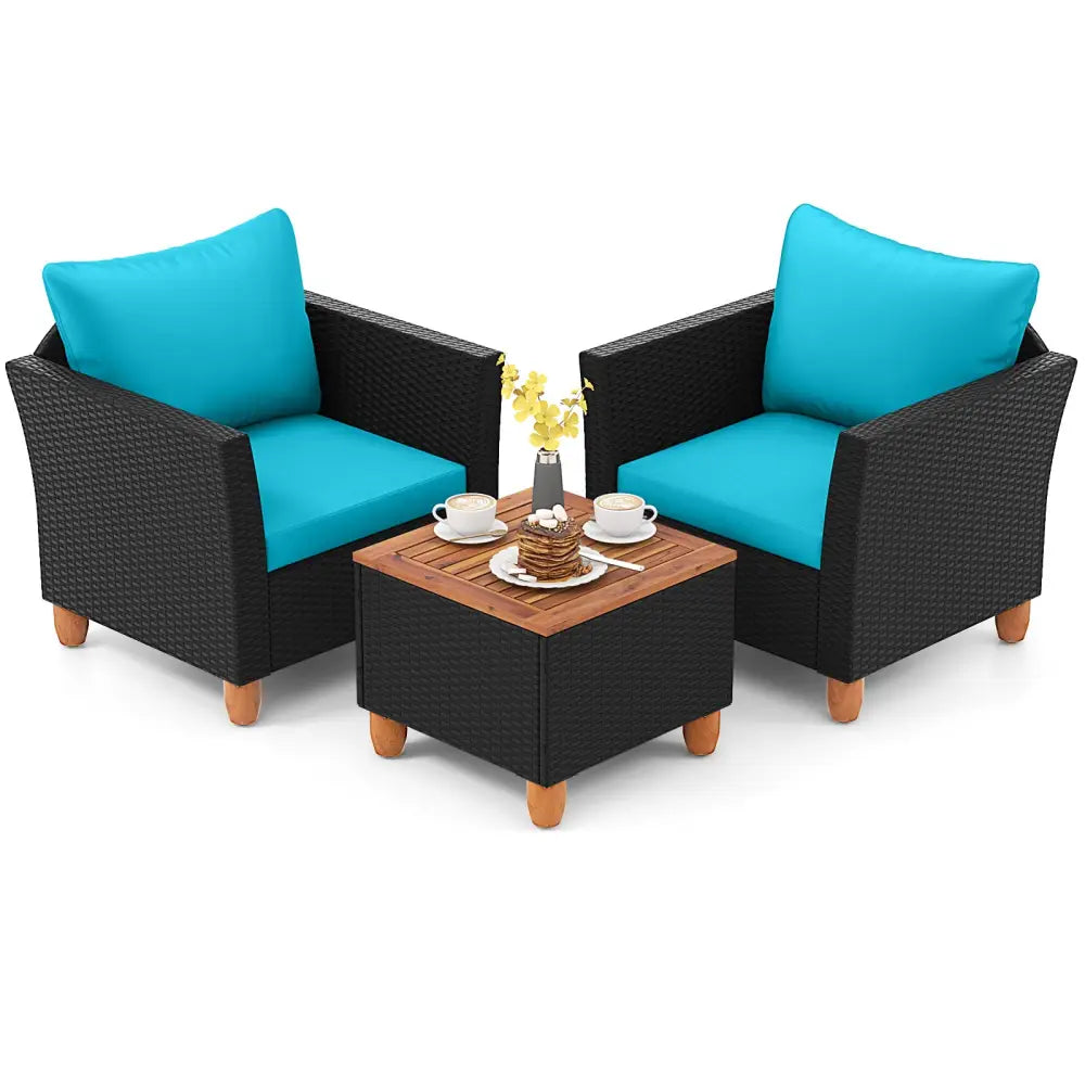 3 Pieces Outdoor Patio Rattan Furniture Set-Turquoise - Turquoise - Patio Conversation Sets