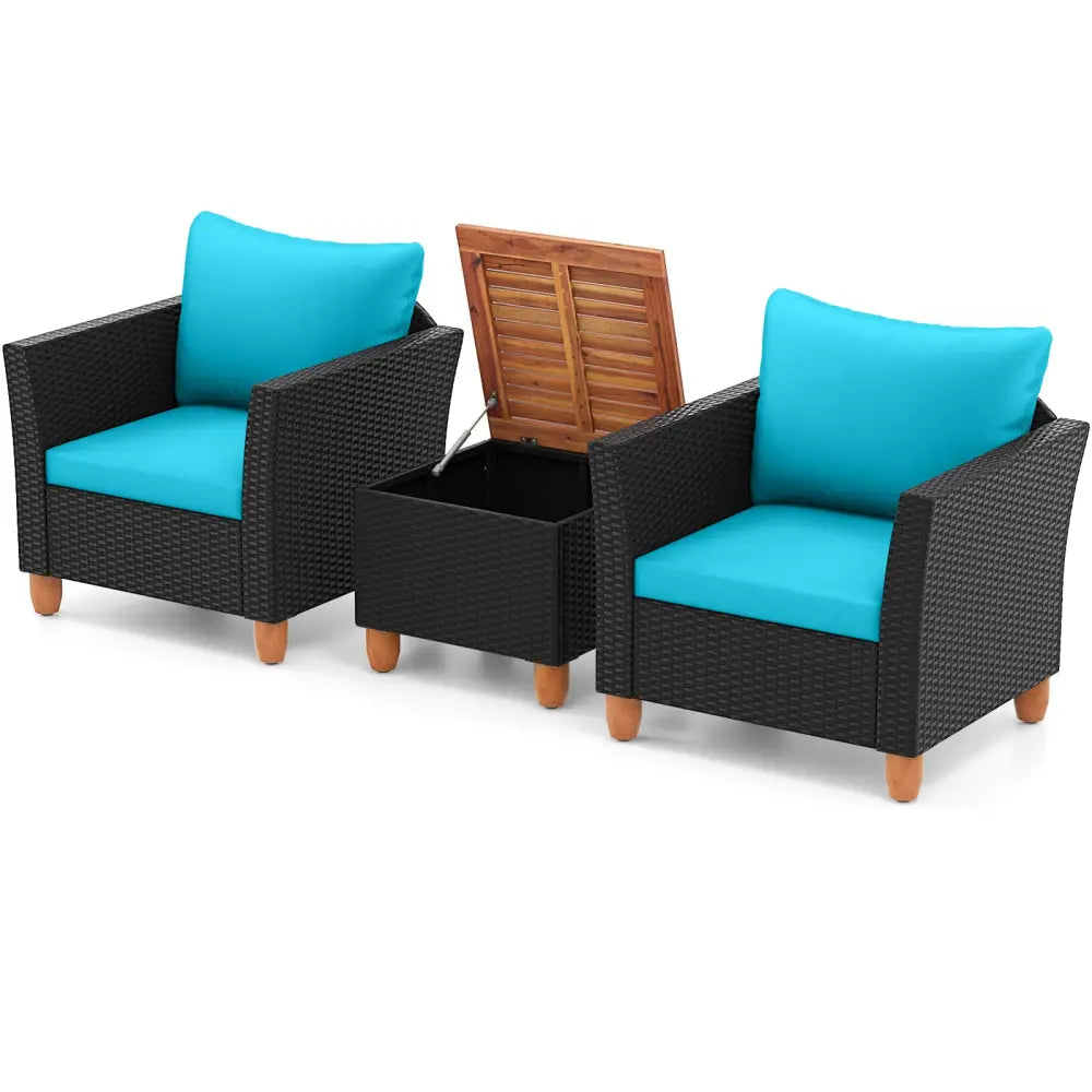 3 Pieces Outdoor Patio Rattan Furniture Set-Turquoise - Turquoise - Patio Conversation Sets