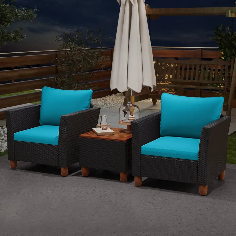3 Pieces Outdoor Patio Rattan Furniture Set-Turquoise - Turquoise - Patio Conversation Sets