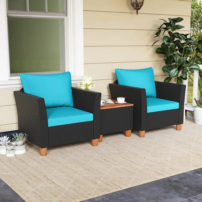 3 Pieces Outdoor Patio Rattan Furniture Set-Turquoise - Turquoise - Patio Conversation Sets