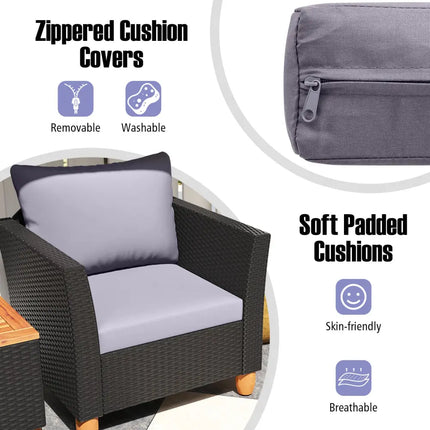 3 Pieces Outdoor Patio Wicker Furniture Set with Cushions and Acacia Wood Coffee Table-Gray - Gray - Patio Conversation