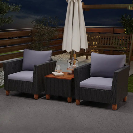 3 Pieces Outdoor Patio Wicker Furniture Set with Cushions and Acacia Wood Coffee Table-Gray - Gray - Patio Conversation