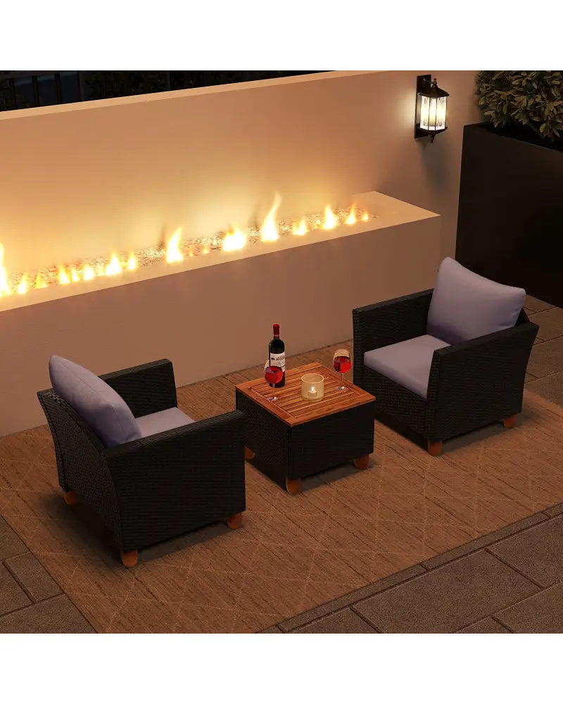 3 Pieces Outdoor Patio Wicker Furniture Set with Cushions and Acacia Wood Coffee Table-Gray - Gray - Patio Conversation