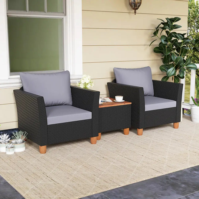 3 Pieces Outdoor Patio Wicker Furniture Set with Cushions and Acacia Wood Coffee Table-Gray - Gray - Patio Conversation