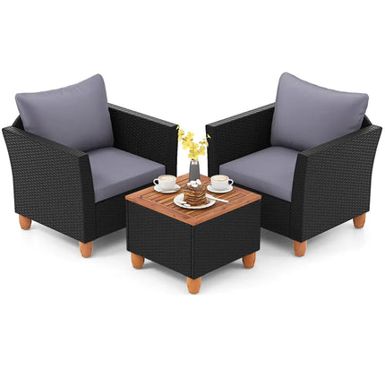 3 Pieces Outdoor Patio Wicker Furniture Set with Cushions and Acacia Wood Coffee Table-Gray - Gray - Patio Conversation