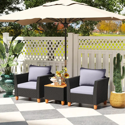 3 Pieces Outdoor Patio Wicker Furniture Set with Cushions and Acacia Wood Coffee Table-Gray - Gray - Patio Conversation