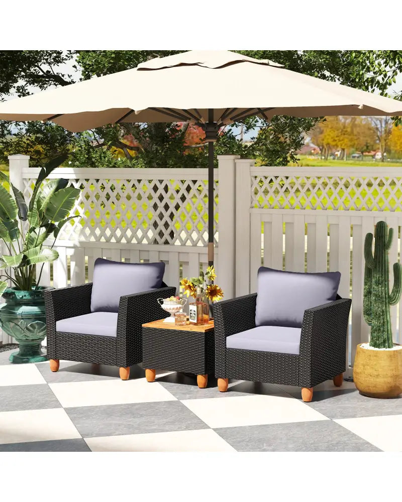 3 Pieces Outdoor Patio Wicker Furniture Set with Cushions and Acacia Wood Coffee Table-Gray - Gray - Patio Conversation