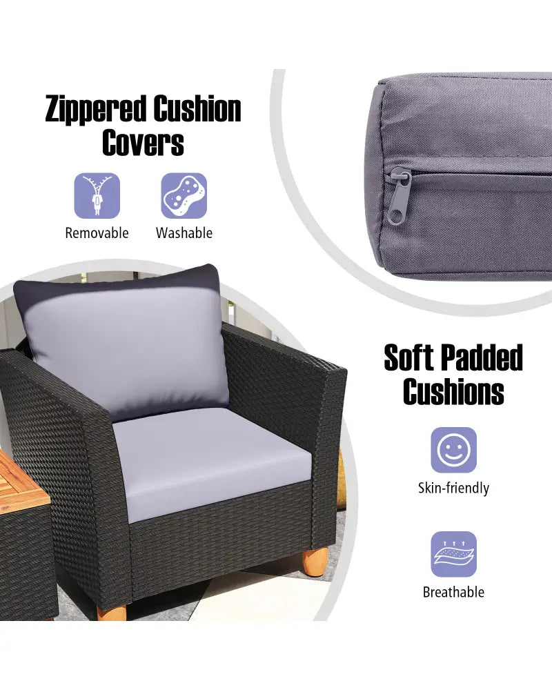3 Pieces Outdoor Patio Wicker Furniture Set with Cushions and Acacia Wood Coffee Table-Gray - Gray - Patio Conversation