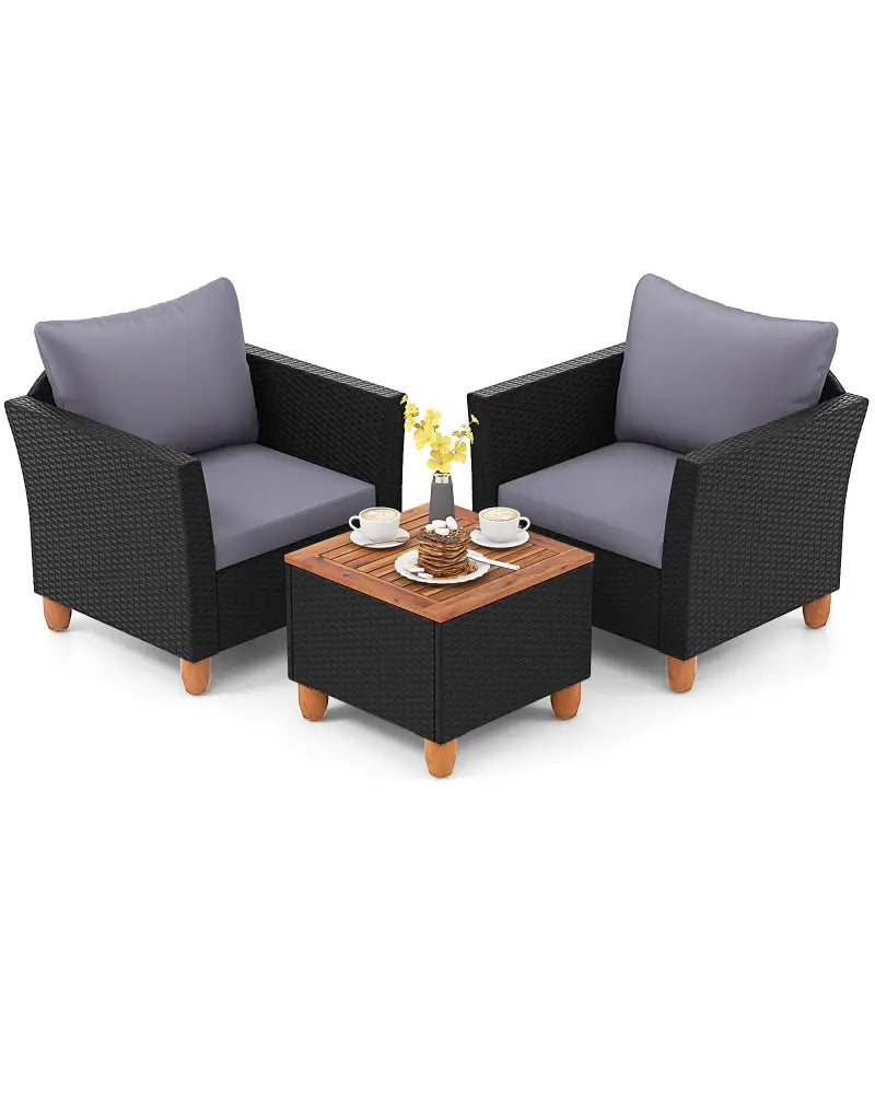 3 Pieces Outdoor Patio Wicker Furniture Set with Cushions and Acacia Wood Coffee Table-Gray - Gray - Patio Conversation