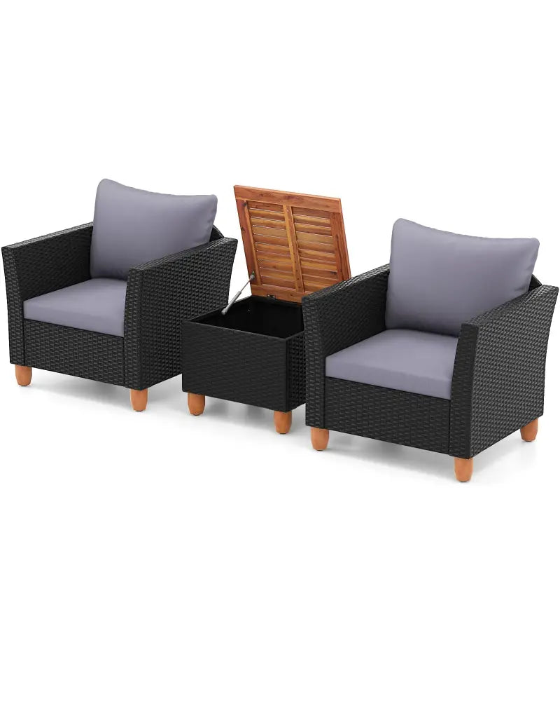 3 Pieces Outdoor Patio Wicker Furniture Set with Cushions and Acacia Wood Coffee Table-Gray - Gray - Patio Conversation
