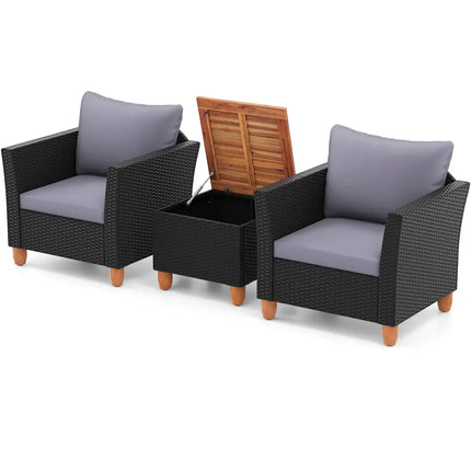 3 Pieces Outdoor Patio Wicker Furniture Set with Cushions and Acacia Wood Coffee Table-Gray - Gray - Patio Conversation