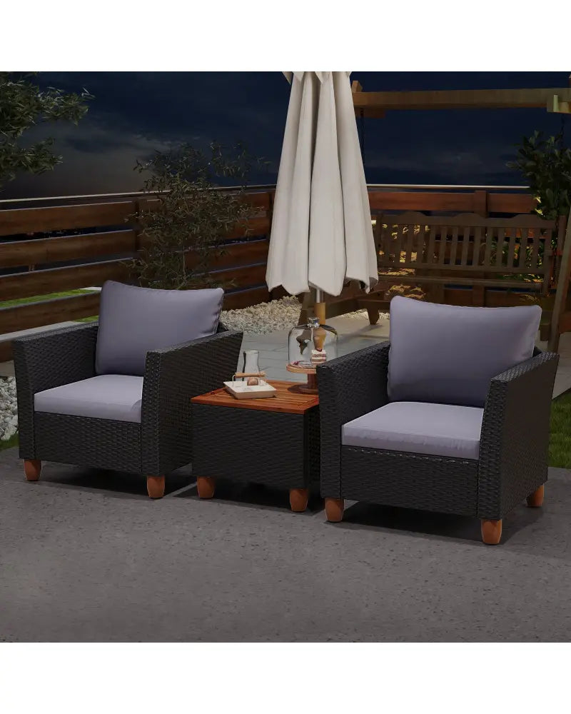 3 Pieces Outdoor Patio Wicker Furniture Set with Cushions and Acacia Wood Coffee Table-Gray - Gray - Patio Conversation