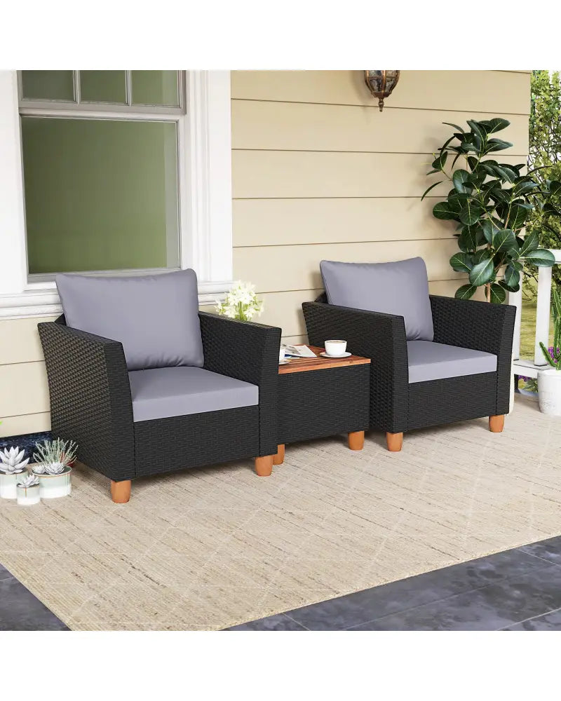 3 Pieces Outdoor Patio Wicker Furniture Set with Cushions and Acacia Wood Coffee Table-Gray - Gray - Patio Conversation