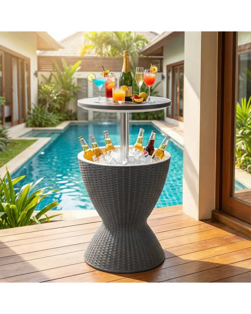 3 Pieces Outdoor Rattan Bar Table with Extendable Tabletop-Gray - Gray - Patio Coffee Tables