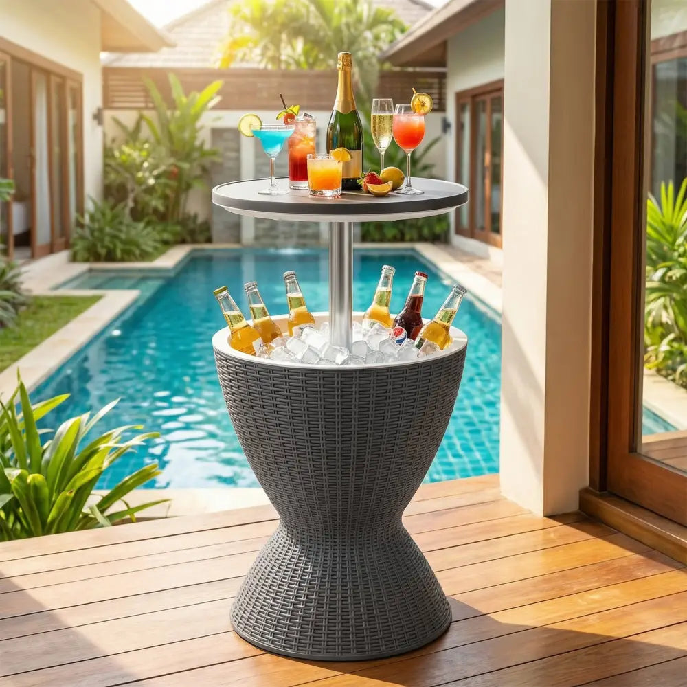 3 Pieces Outdoor Rattan Bar Table with Extendable Tabletop-Gray - Gray - Patio Coffee Tables