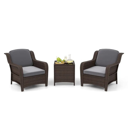 3 Pieces Outdoor Rattan Furniture Set with Cushions and Tempered Glass Coffee Table-Gray - Gray - Patio Conversation
