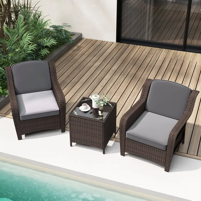 3 Pieces Outdoor Rattan Furniture Set with Cushions and Tempered Glass Coffee Table-Gray - Gray - Patio Conversation