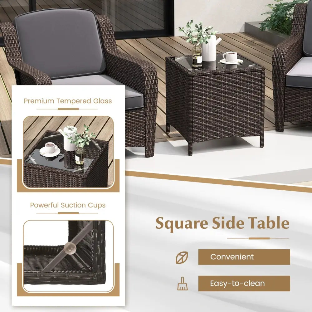 3 Pieces Outdoor Rattan Furniture Set with Cushions and Tempered Glass Coffee Table-Gray - Gray - Patio Conversation