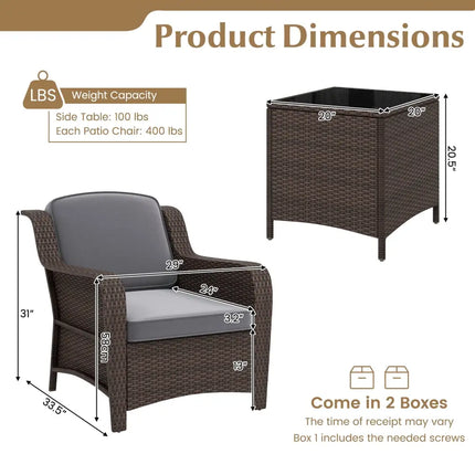 3 Pieces Outdoor Rattan Furniture Set with Cushions and Tempered Glass Coffee Table-Gray - Gray - Patio Conversation