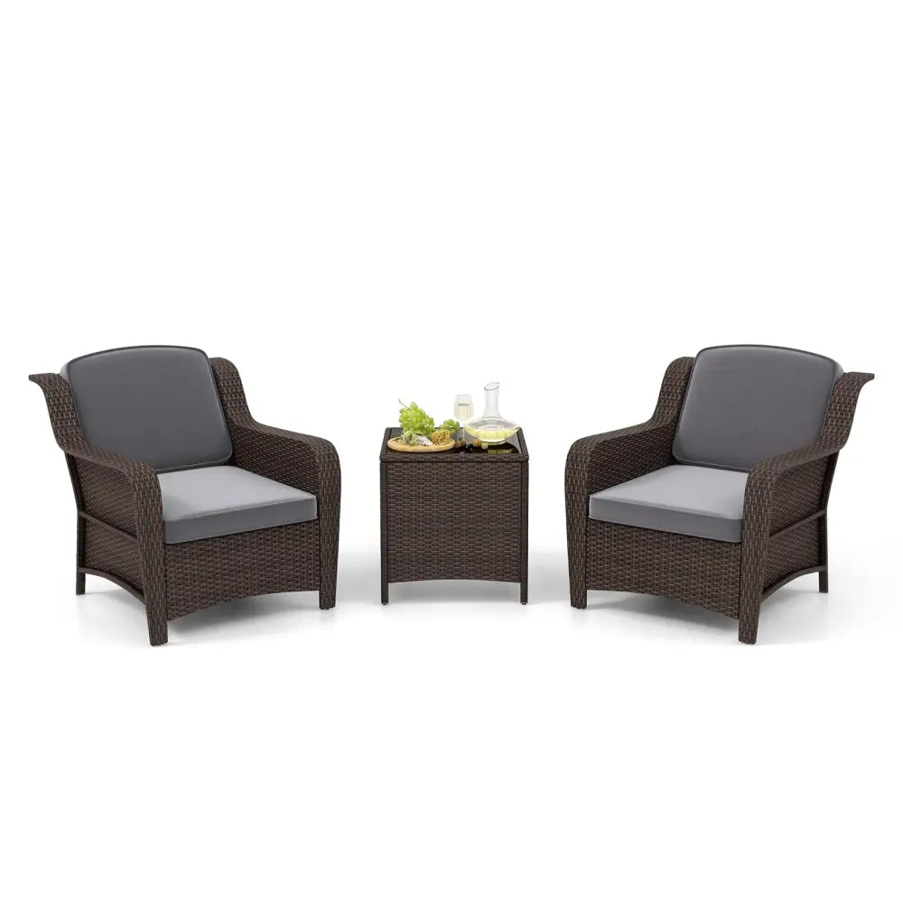 3 Pieces Outdoor Rattan Furniture Set with Cushions and Tempered Glass Coffee Table-Gray - Gray - Patio Conversation