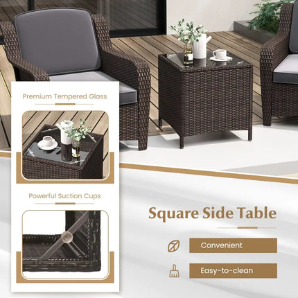3 Pieces Outdoor Rattan Furniture Set with Cushions and Tempered Glass Coffee Table-Gray - Gray - Patio Conversation