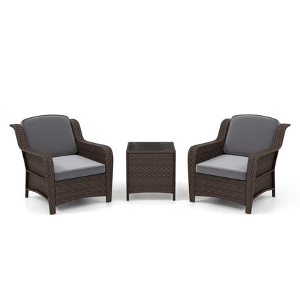 3 Pieces Outdoor Rattan Furniture Set with Cushions and Tempered Glass Coffee Table-Gray - Gray - Patio Conversation