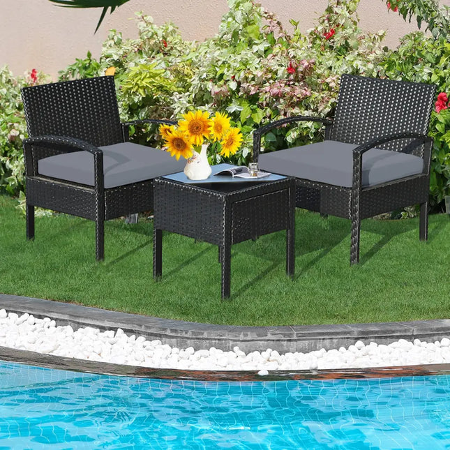 3 Pieces Outdoor Rattan Patio Conversation Set with Seat Cushions-Gray - Gray - Patio Conversation Sets