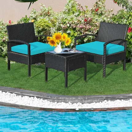3 Pieces Outdoor Rattan Patio Conversation Set with Seat Cushions-Turquoise - Turquoise - Patio Conversation Sets