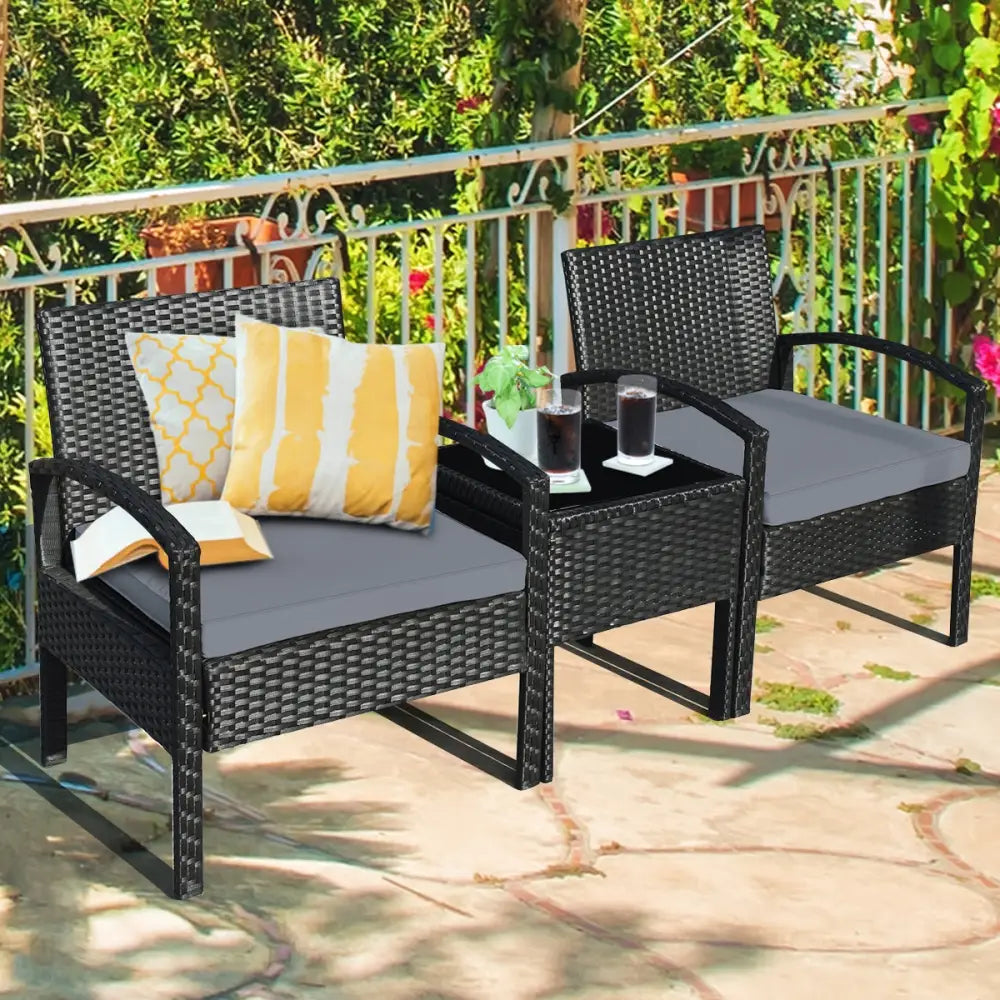 3 Pieces Outdoor Rattan Patio Conversation Set with Seat Cushions-Gray - Gray - Patio Conversation Sets