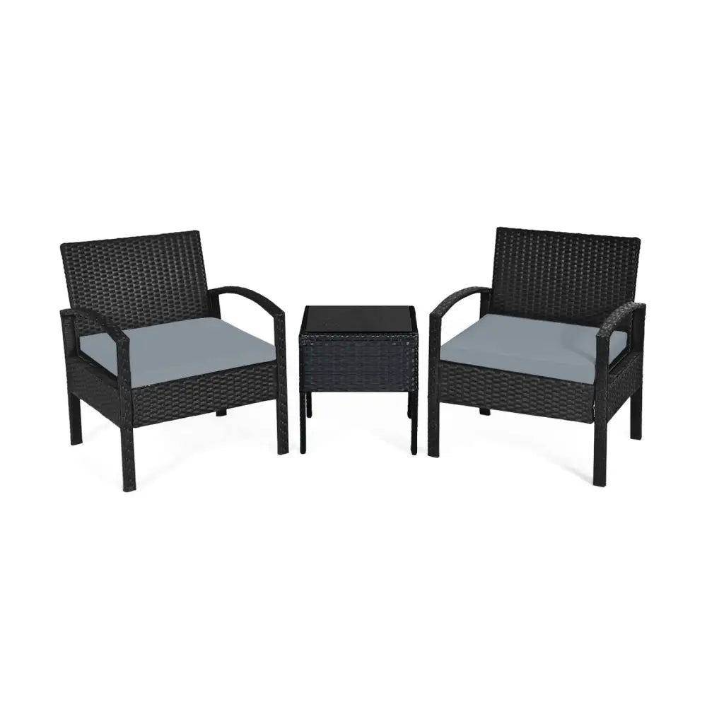 3 Pieces Outdoor Rattan Patio Conversation Set with Seat Cushions-Gray - Gray - Patio Conversation Sets