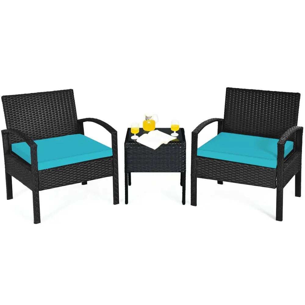 3 Pieces Outdoor Rattan Patio Conversation Set with Seat Cushions-Turquoise - Turquoise - Patio Conversation Sets