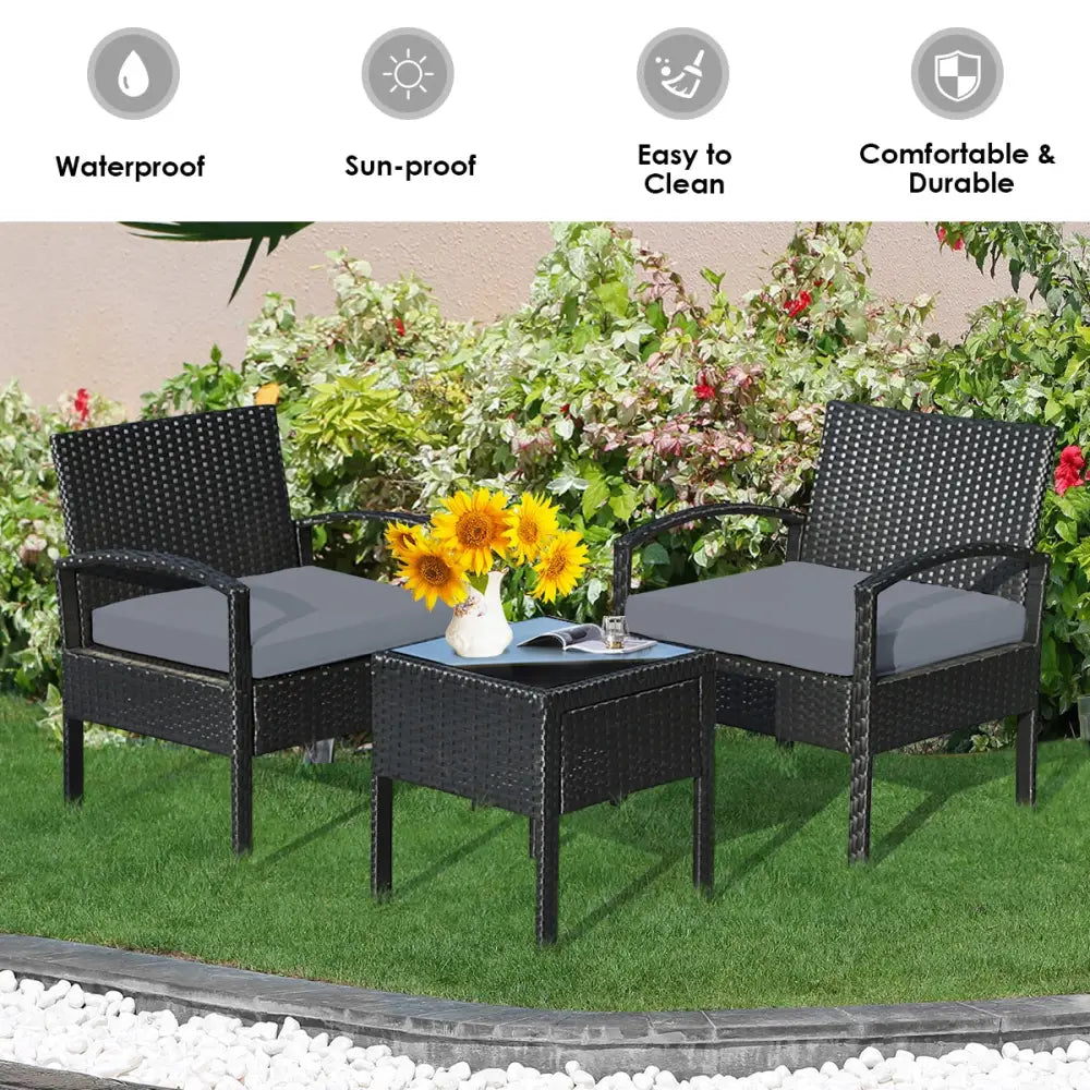 3 Pieces Outdoor Rattan Patio Conversation Set with Seat Cushions-Gray - Gray - Patio Conversation Sets