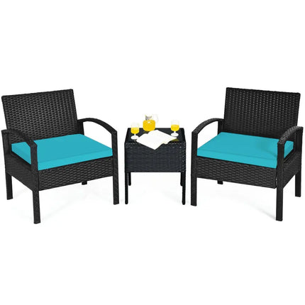 3 Pieces Outdoor Rattan Patio Conversation Set with Seat Cushions-Turquoise - Turquoise - Patio Conversation Sets