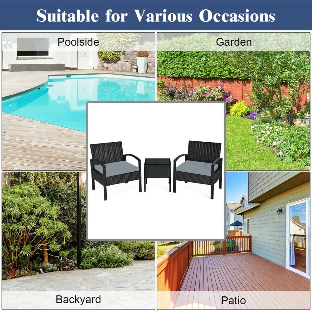 3 Pieces Outdoor Rattan Patio Conversation Set with Seat Cushions-Gray - Gray - Patio Conversation Sets