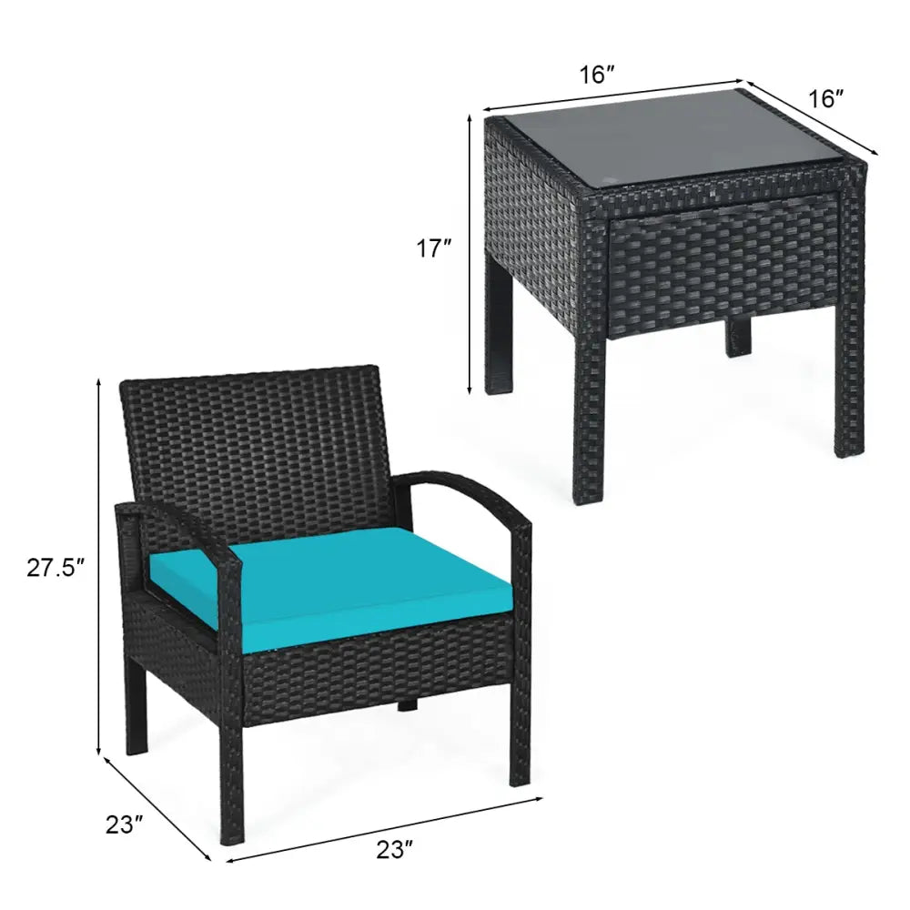 3 Pieces Outdoor Rattan Patio Conversation Set with Seat Cushions-Turquoise - Turquoise - Patio Conversation Sets