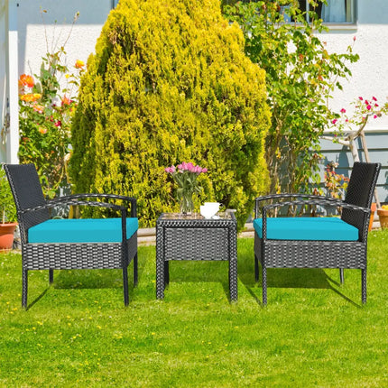 3 Pieces Outdoor Rattan Patio Conversation Set with Seat Cushions-Turquoise - Turquoise - Patio Conversation Sets
