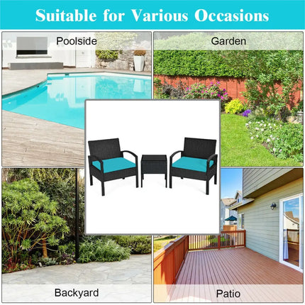 3 Pieces Outdoor Rattan Patio Conversation Set with Seat Cushions-Turquoise - Turquoise - Patio Conversation Sets