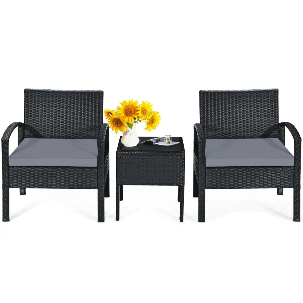 3 Pieces Outdoor Rattan Patio Conversation Set with Seat Cushions-Gray - Gray - Patio Conversation Sets