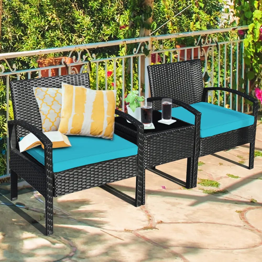 3 Pieces Outdoor Rattan Patio Conversation Set with Seat Cushions-Turquoise - Turquoise - Patio Conversation Sets