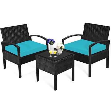 3 Pieces Outdoor Rattan Patio Conversation Set with Seat Cushions-Turquoise - Turquoise - Patio Conversation Sets