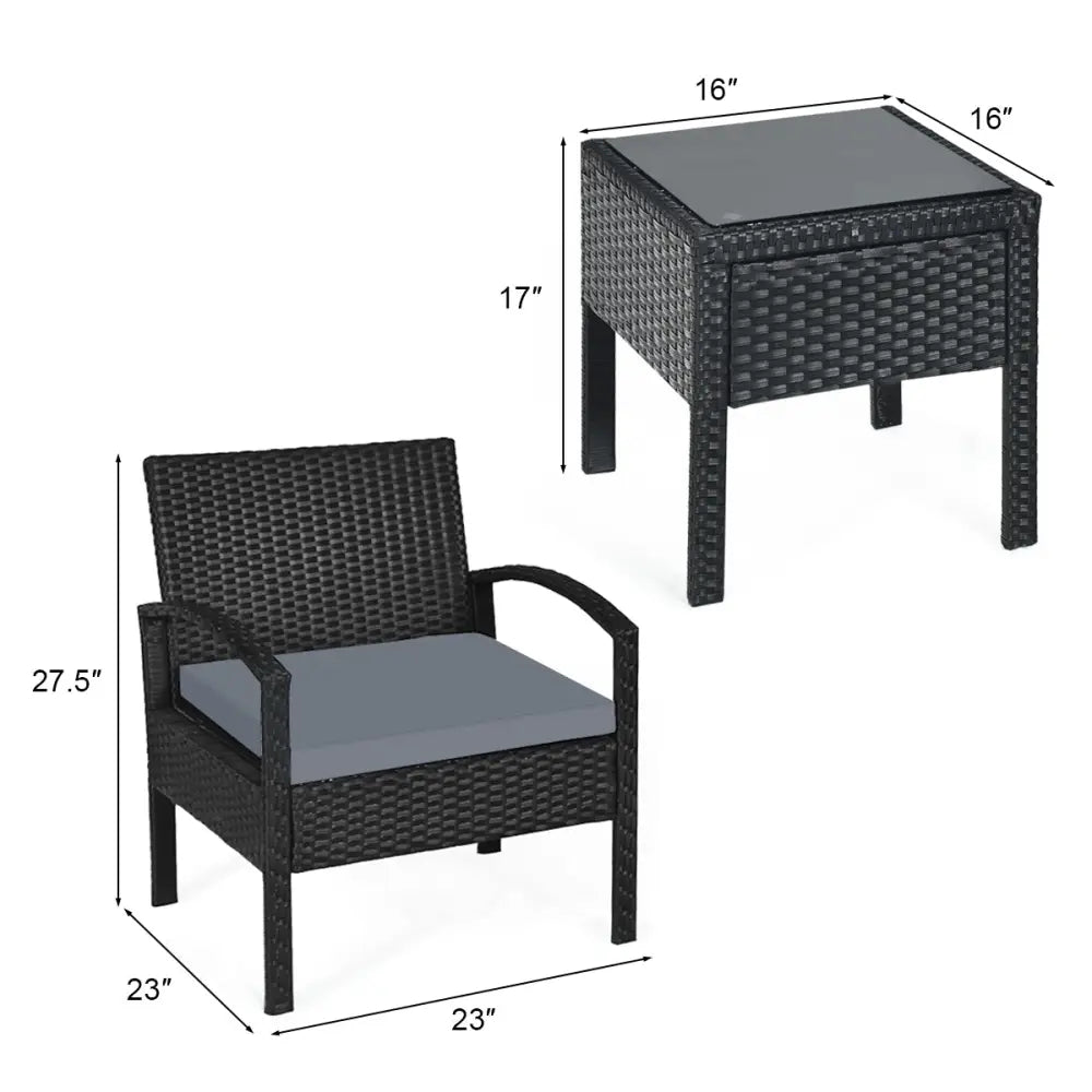 3 Pieces Outdoor Rattan Patio Conversation Set with Seat Cushions-Gray - Gray - Patio Conversation Sets