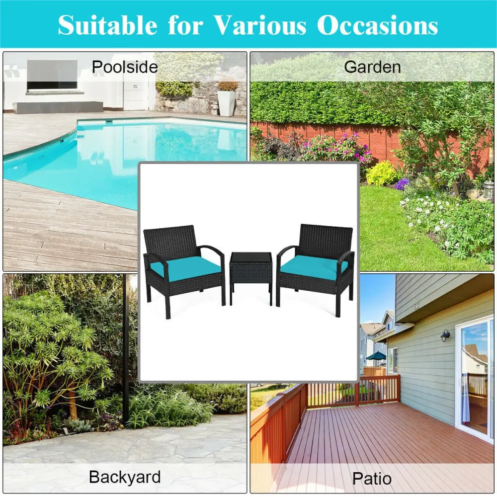 3 Pieces Outdoor Rattan Patio Conversation Set with Seat Cushions-Turquoise - Turquoise - Patio Conversation Sets