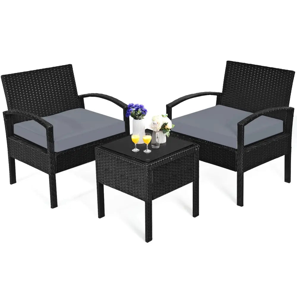 3 Pieces Outdoor Rattan Patio Conversation Set with Seat Cushions-Gray - Gray - Patio Conversation Sets