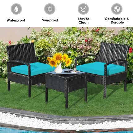 3 Pieces Outdoor Rattan Patio Conversation Set with Seat Cushions-Turquoise - Turquoise - Patio Conversation Sets