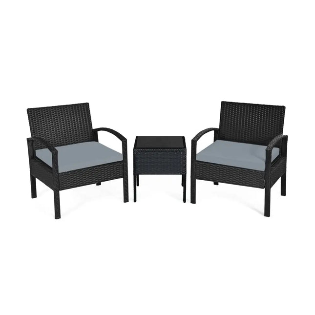 3 Pieces Outdoor Rattan Patio Conversation Set with Seat Cushions-Gray - Gray - Patio Conversation Sets