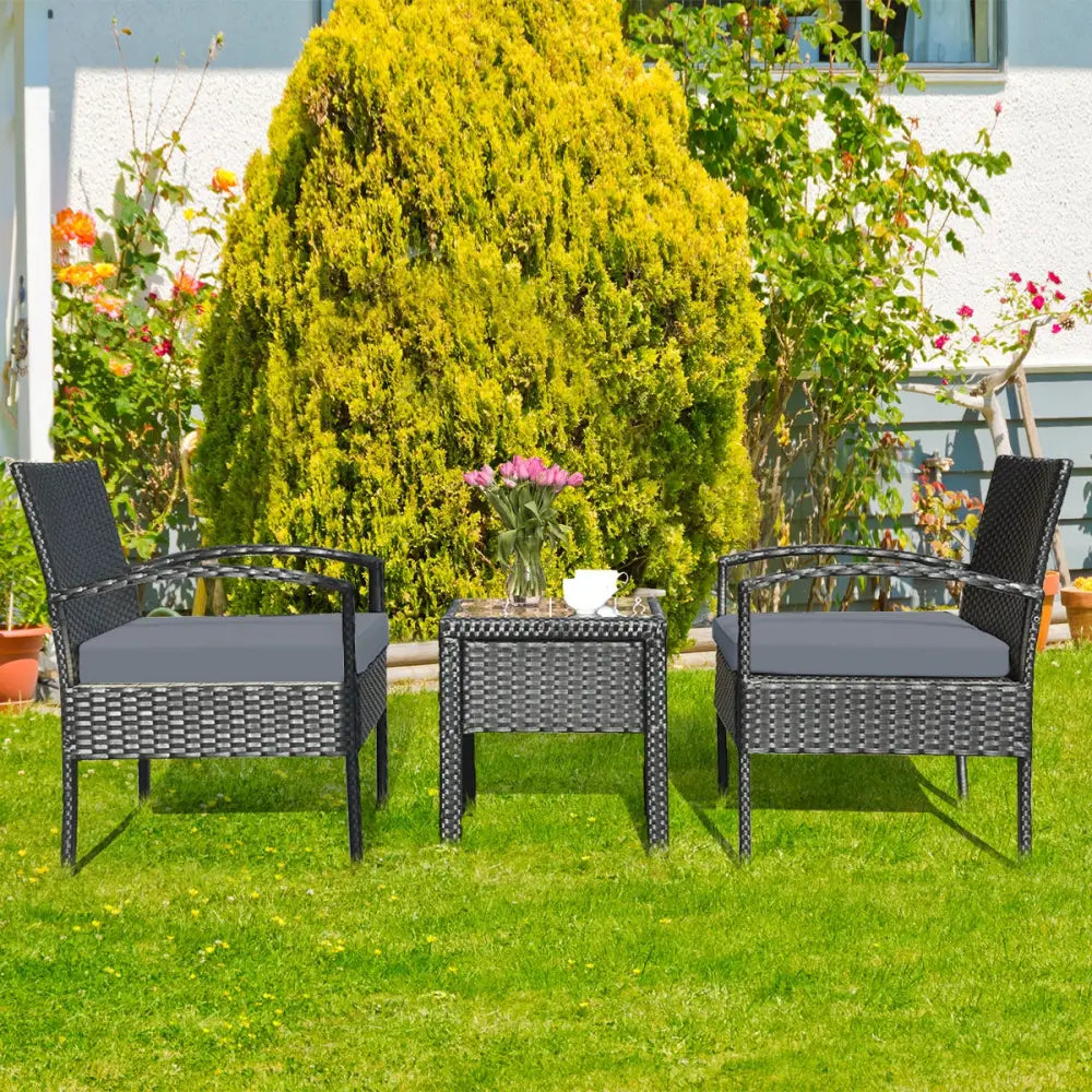 3 Pieces Outdoor Rattan Patio Conversation Set with Seat Cushions-Gray - Gray - Patio Conversation Sets