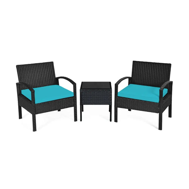 3 Pieces Outdoor Rattan Patio Conversation Set with Seat Cushions-Turquoise - Turquoise - Patio Conversation Sets