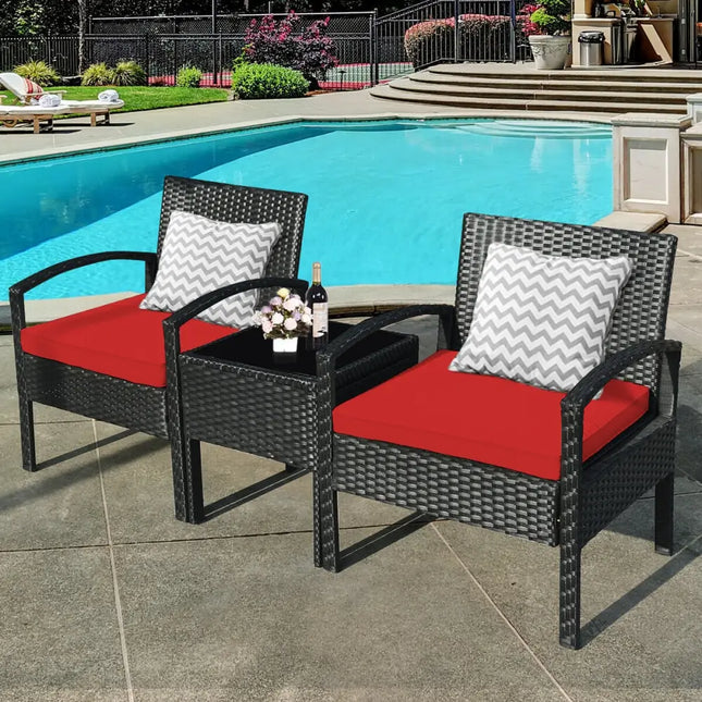 3 Pieces Outdoor Rattan Patio Conversation Set with Seat Cushions-Red - Red - Patio Conversation Sets